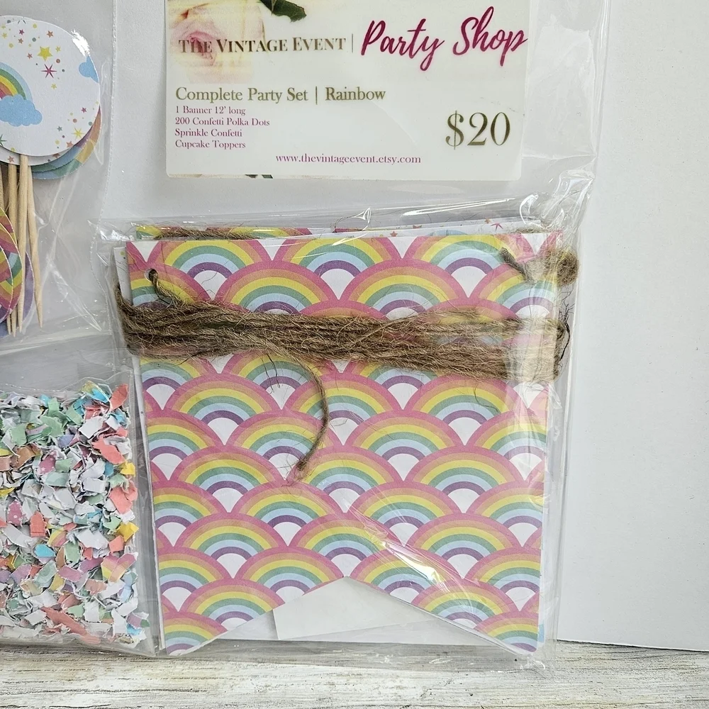 Vibrant Rainbow Party Decorations: Banner, Confetti, Cupcake Toppers